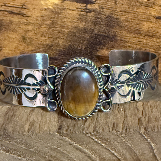 Navajo Nickel Silver Tiger Eye Cuff Bracelet Signed Jackie Cleveland
