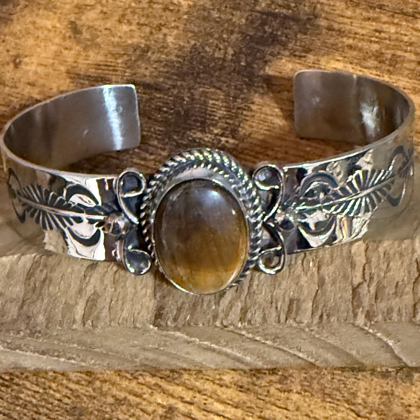 Navajo Nickel Silver Tiger Eye Cuff Bracelet Signed Jackie Cleveland