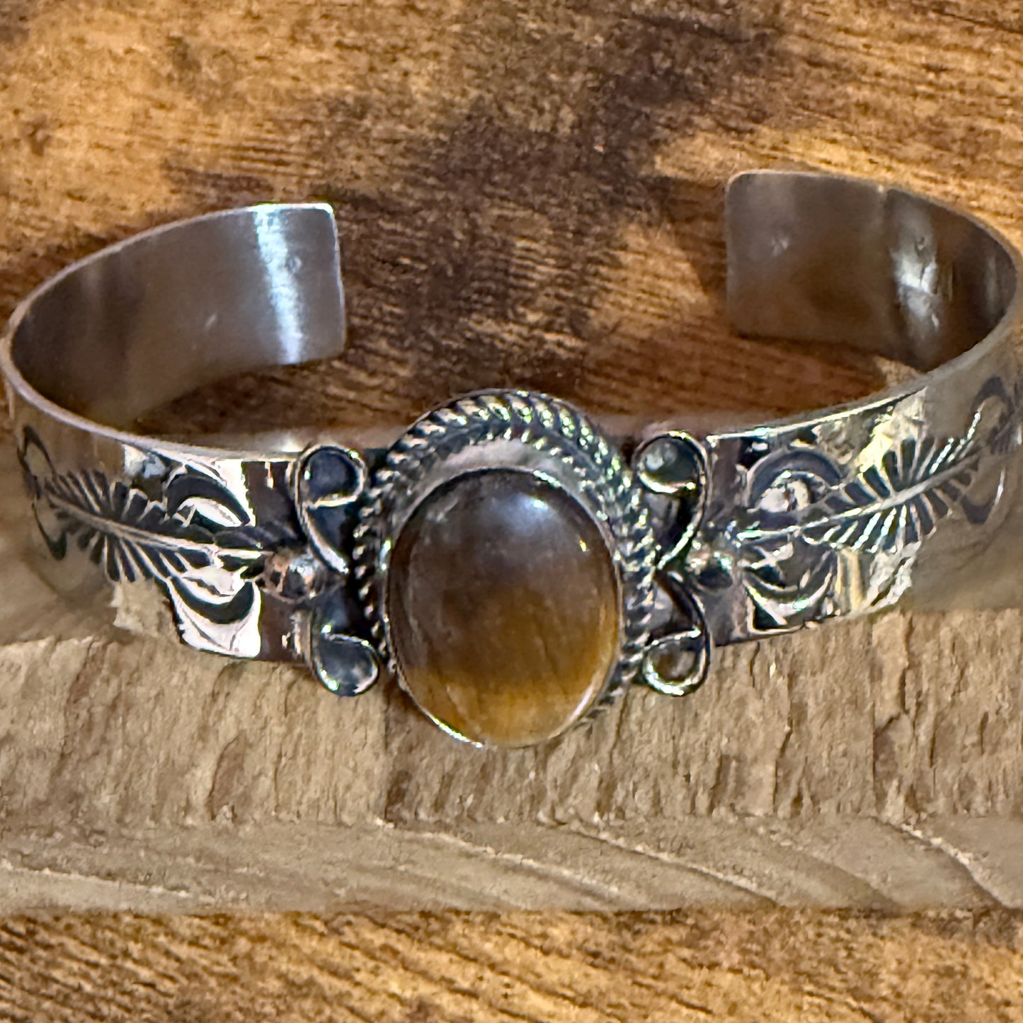 Navajo Nickel Silver Tiger Eye Cuff Bracelet Signed Jackie Cleveland