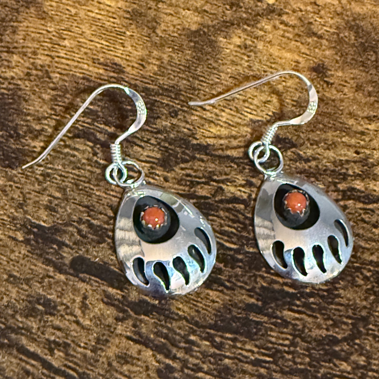 Navajo Coral Bear Paw Dangle Earrings in Sterling Silver by Leta Parker