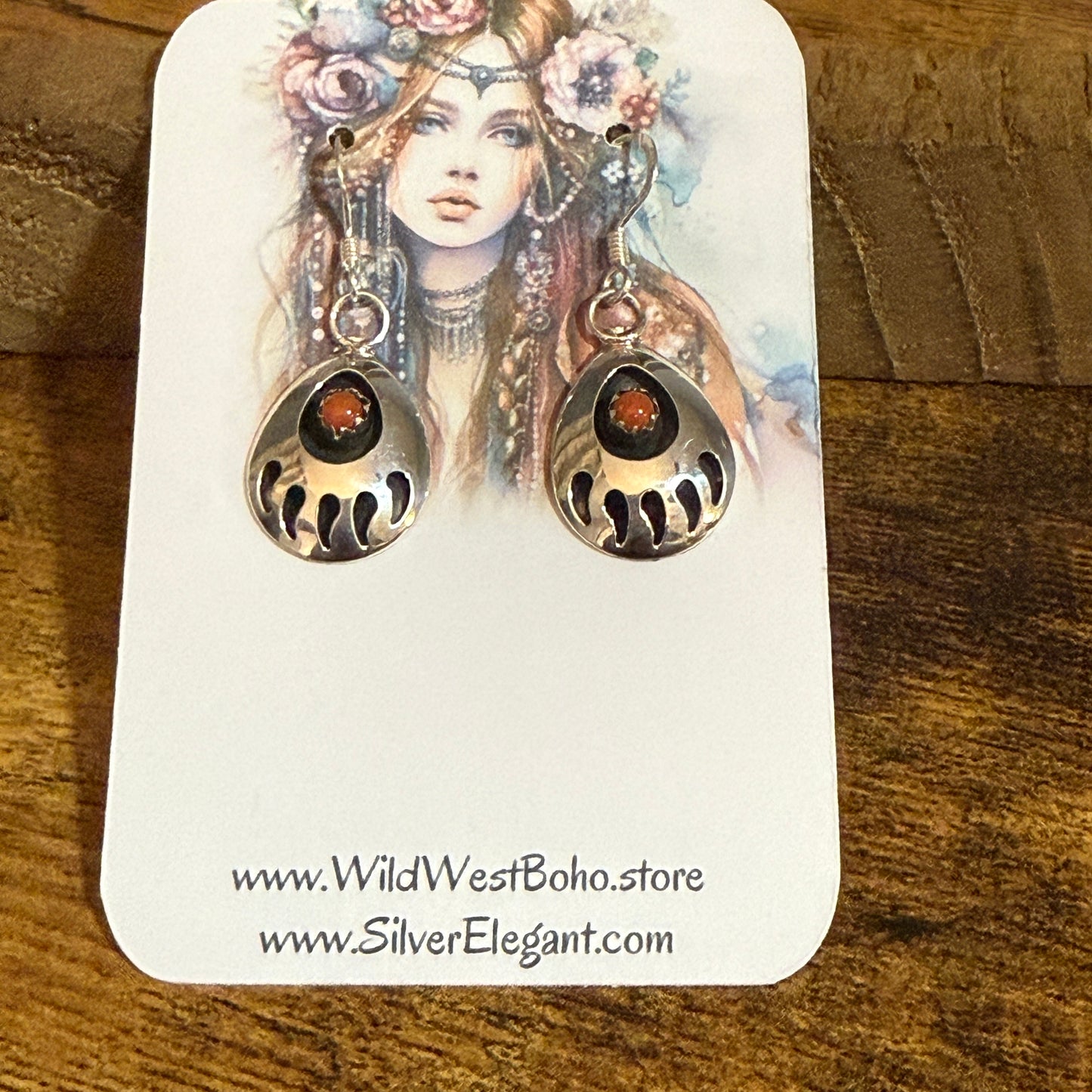 Navajo Coral Bear Paw Dangle Earrings in Sterling Silver by Leta Parker