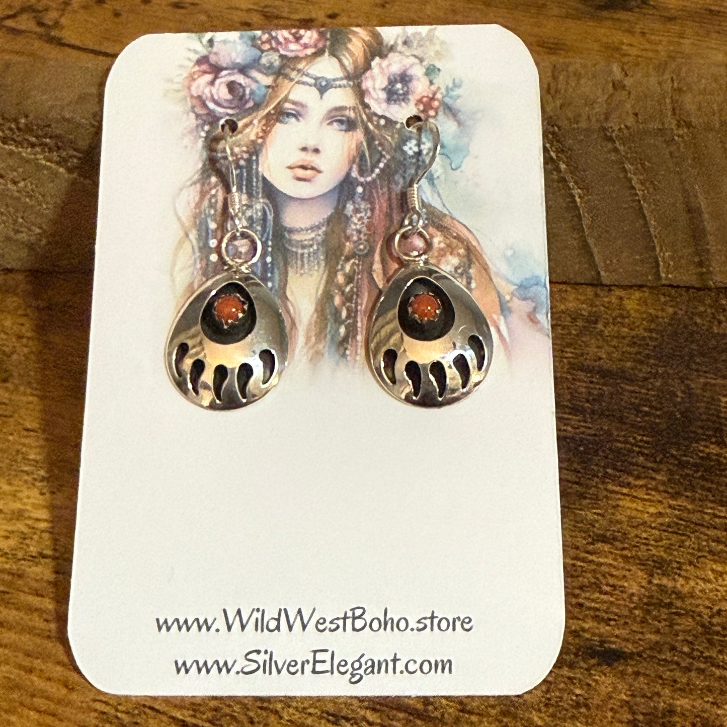 Navajo Coral Bear Paw Dangle Earrings in Sterling Silver by Leta Parker