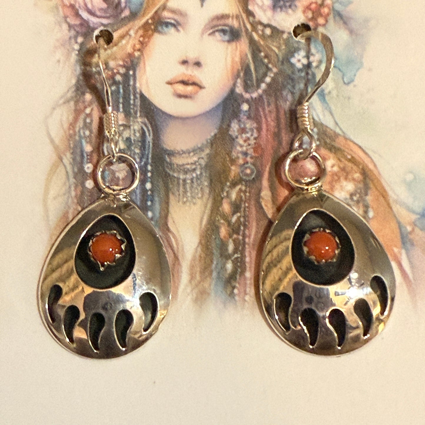 Navajo Coral Bear Paw Dangle Earrings in Sterling Silver by Leta Parker