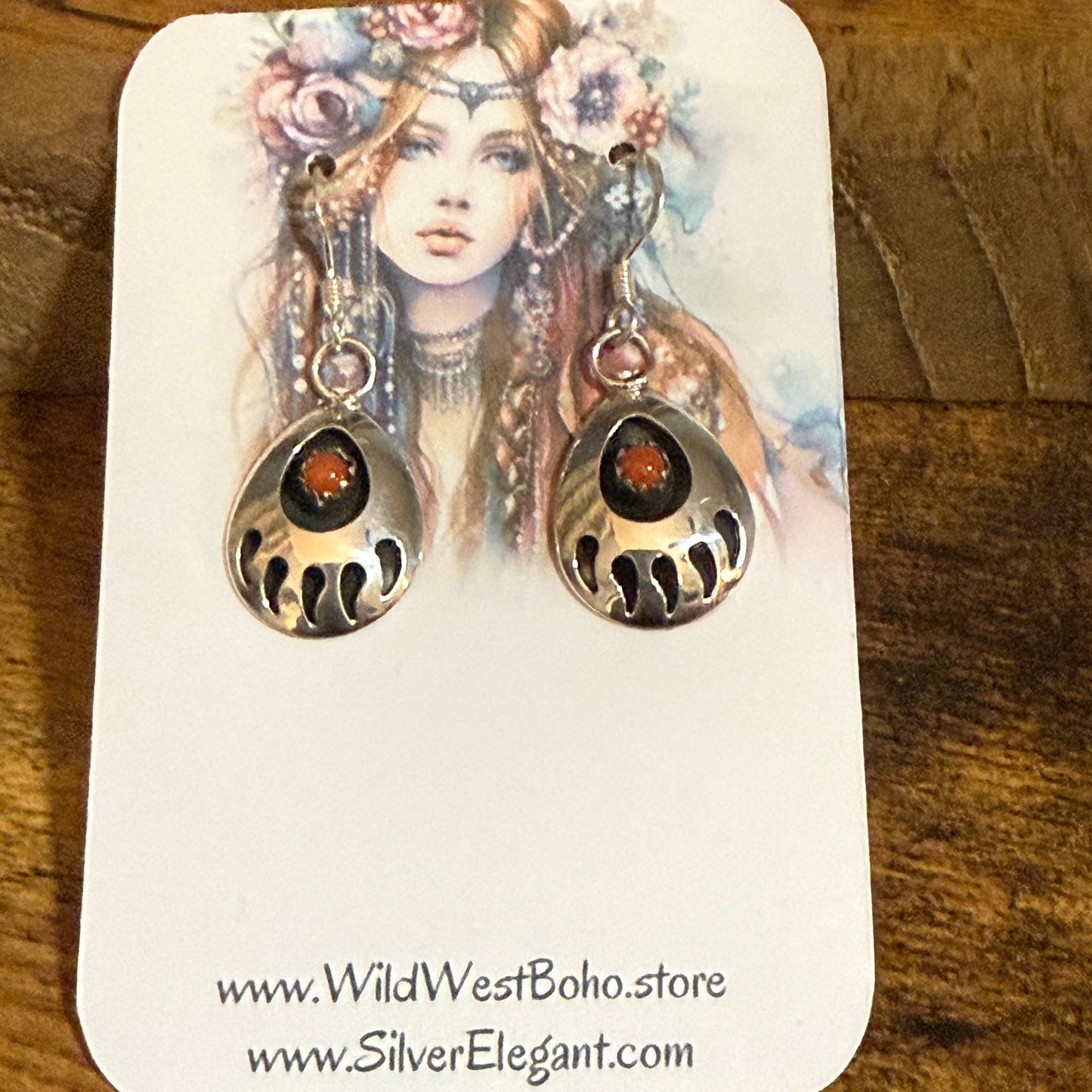 Navajo Coral Bear Paw Dangle Earrings in Sterling Silver by Leta Parker