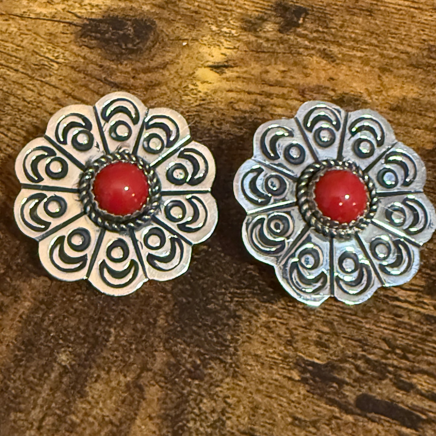 Navajo Nickel Silver Coral Concho Post Earrings Signed Jackie Cleveland