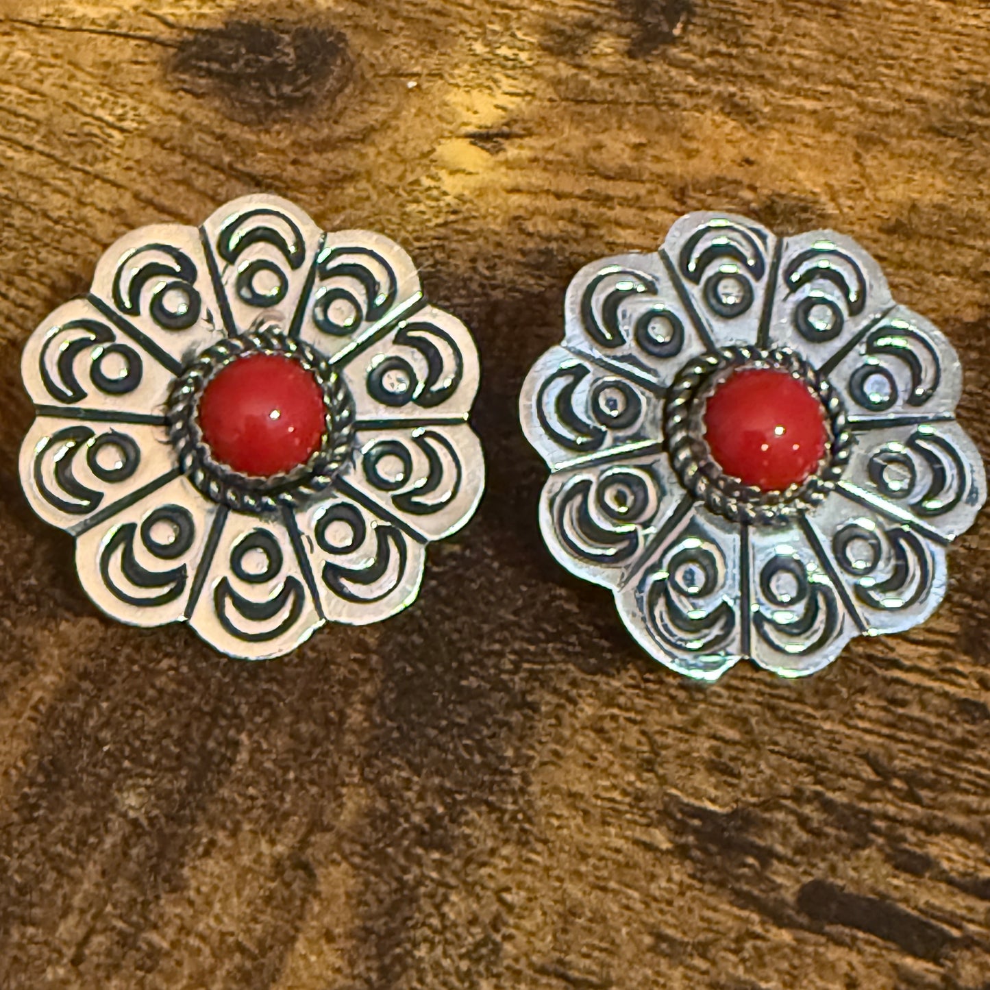 Navajo Nickel Silver Coral Concho Post Earrings Signed Jackie Cleveland