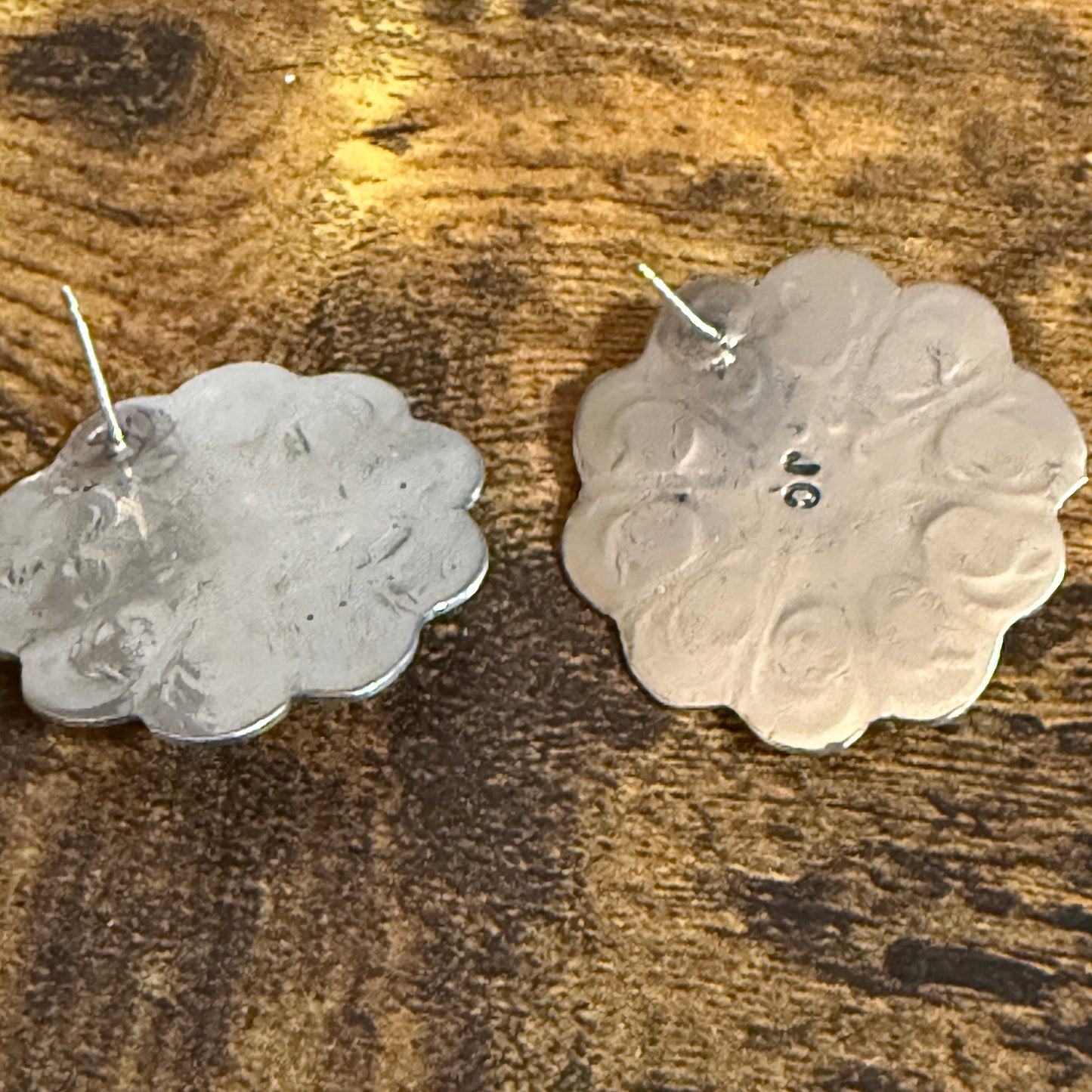 Navajo Nickel Silver Coral Concho Post Earrings Signed Jackie Cleveland