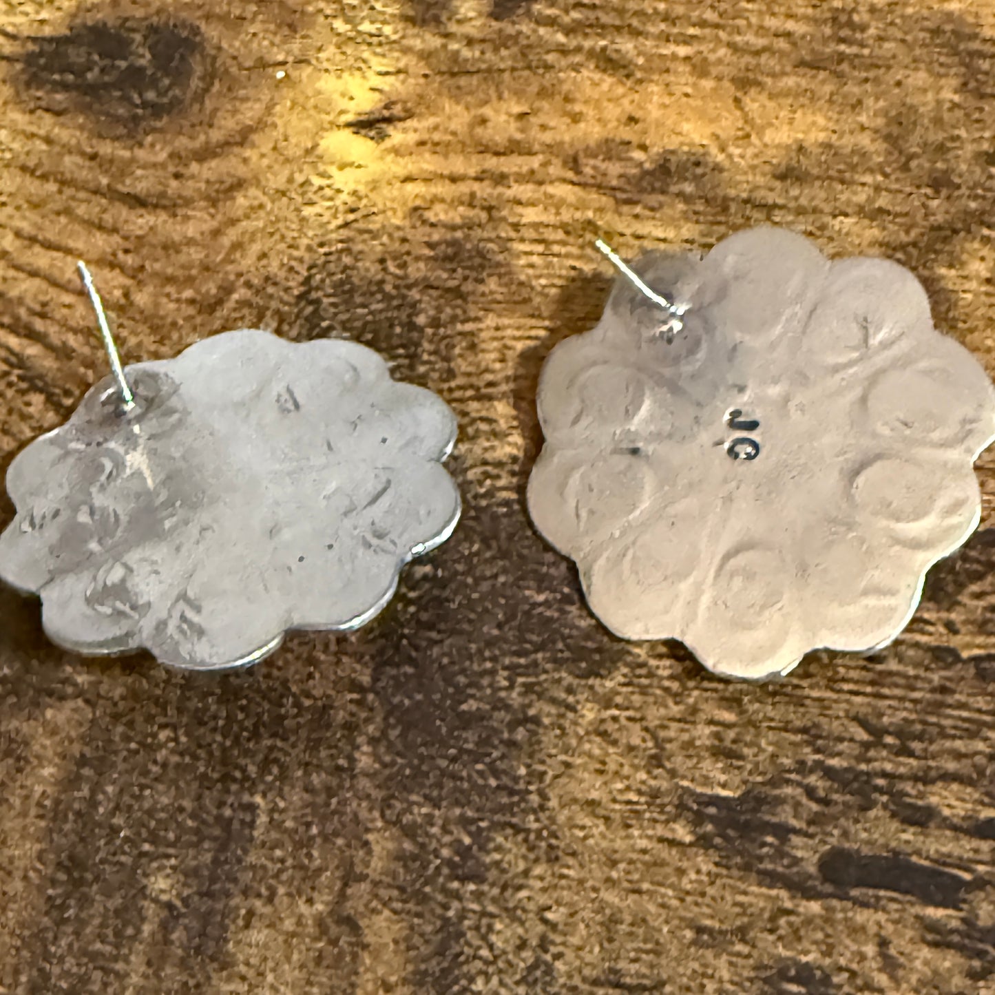 Navajo Nickel Silver Coral Concho Post Earrings Signed Jackie Cleveland