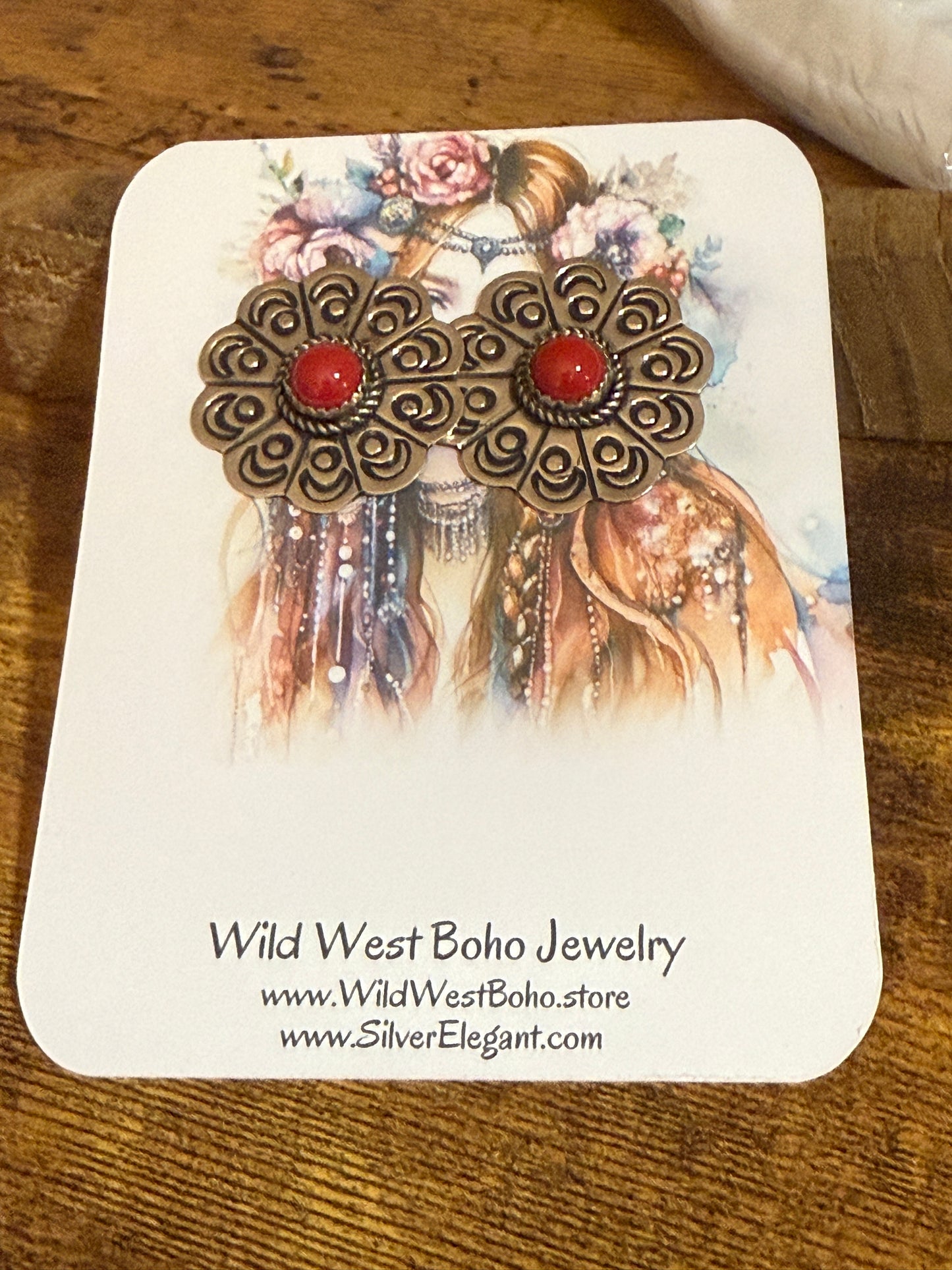 Navajo Nickel Silver Coral Concho Post Earrings Signed Jackie Cleveland