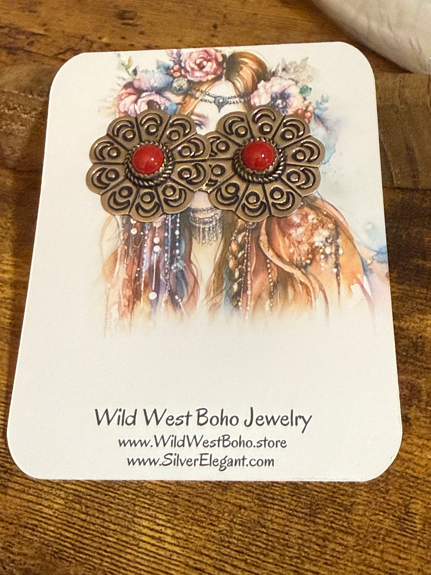 Navajo Nickel Silver Coral Concho Post Earrings Signed Jackie Cleveland