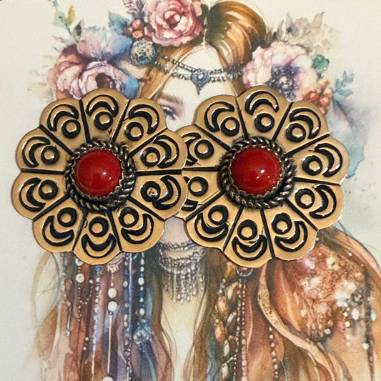 Navajo Nickel Silver Coral Concho Post Earrings Signed Jackie Cleveland