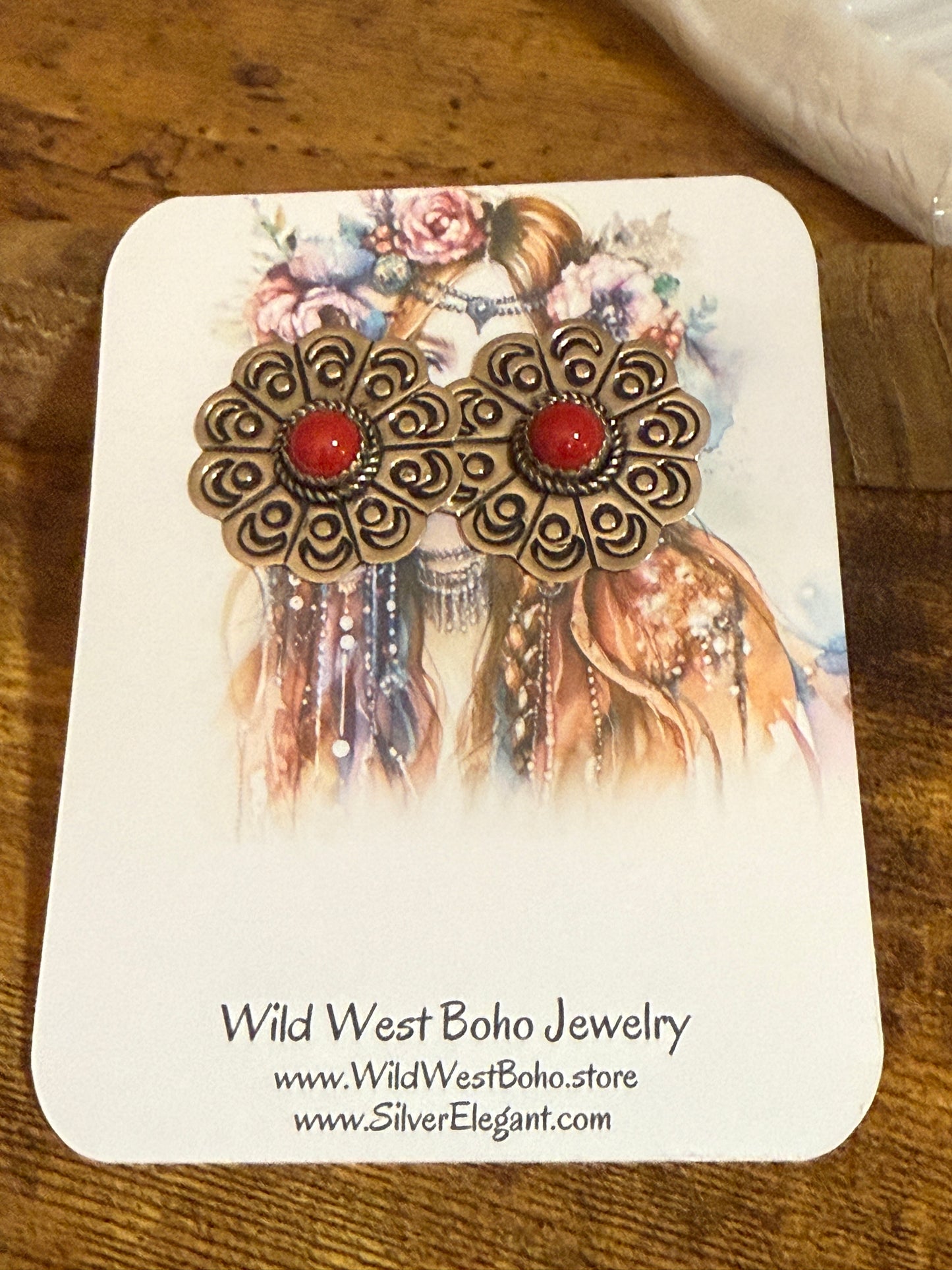 Navajo Nickel Silver Coral Concho Post Earrings Signed Jackie Cleveland