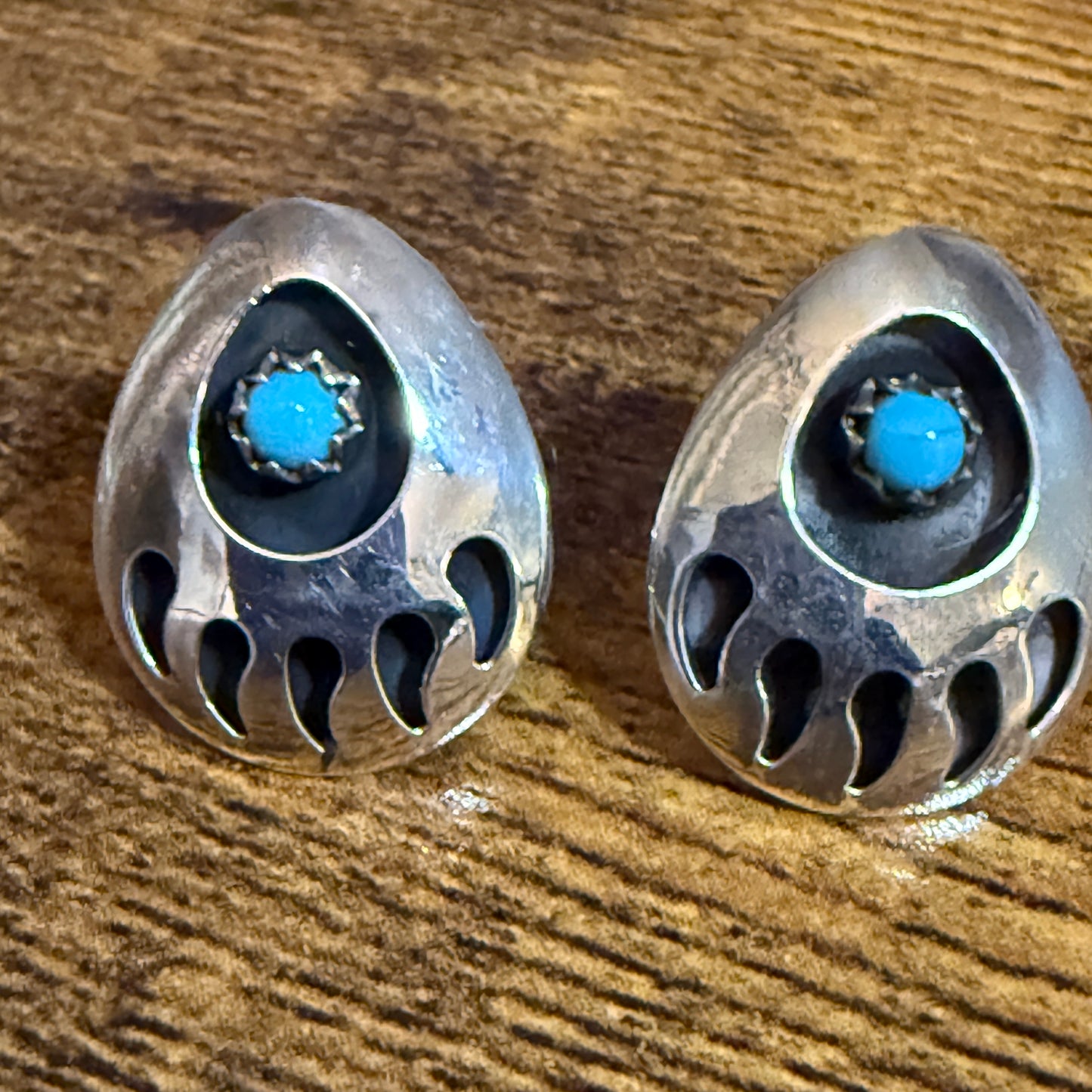 Native American Navajo Sterling Silver Turquoise Bear Paw Post Earrings