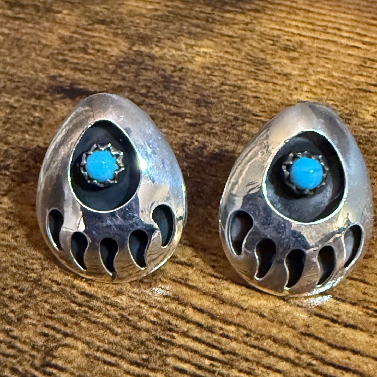 Native American Navajo Sterling Silver Turquoise Bear Paw Post Earrings