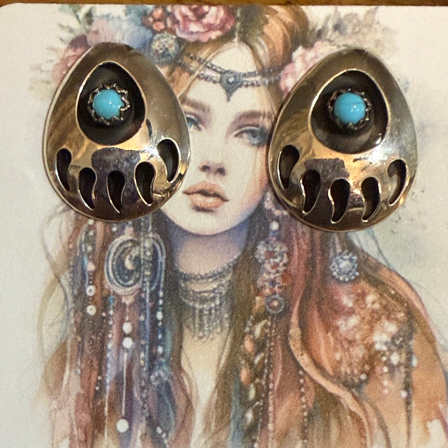 Native American Navajo Sterling Silver Turquoise Bear Paw Post Earrings