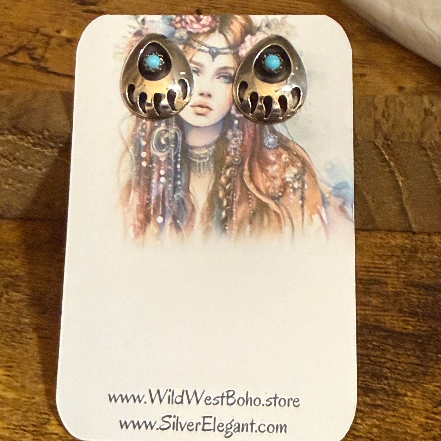 Native American Navajo Sterling Silver Turquoise Bear Paw Post Earrings