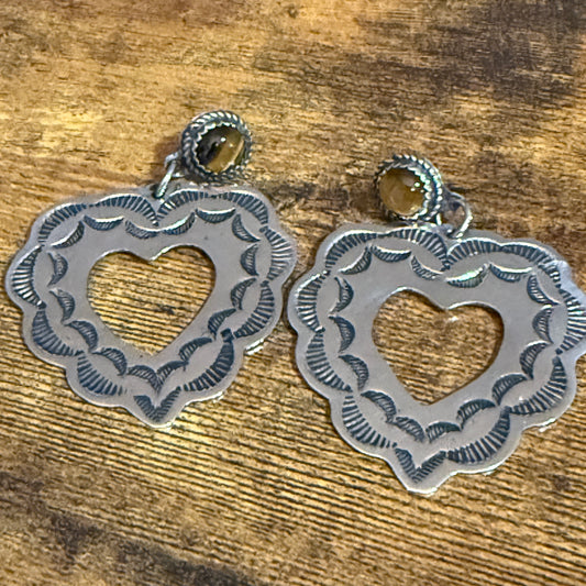 Navajo Nickel Silver Tiger Eye Heart Post Earrings
