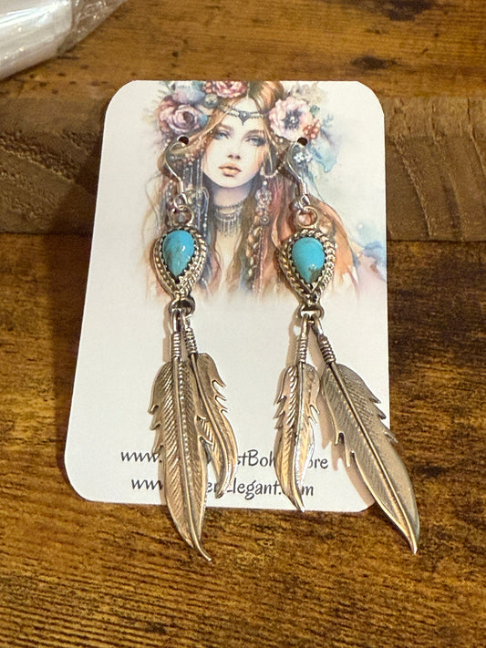 McCarthy Native American Turquoise Sterling Silver Feather Dangle Earrings