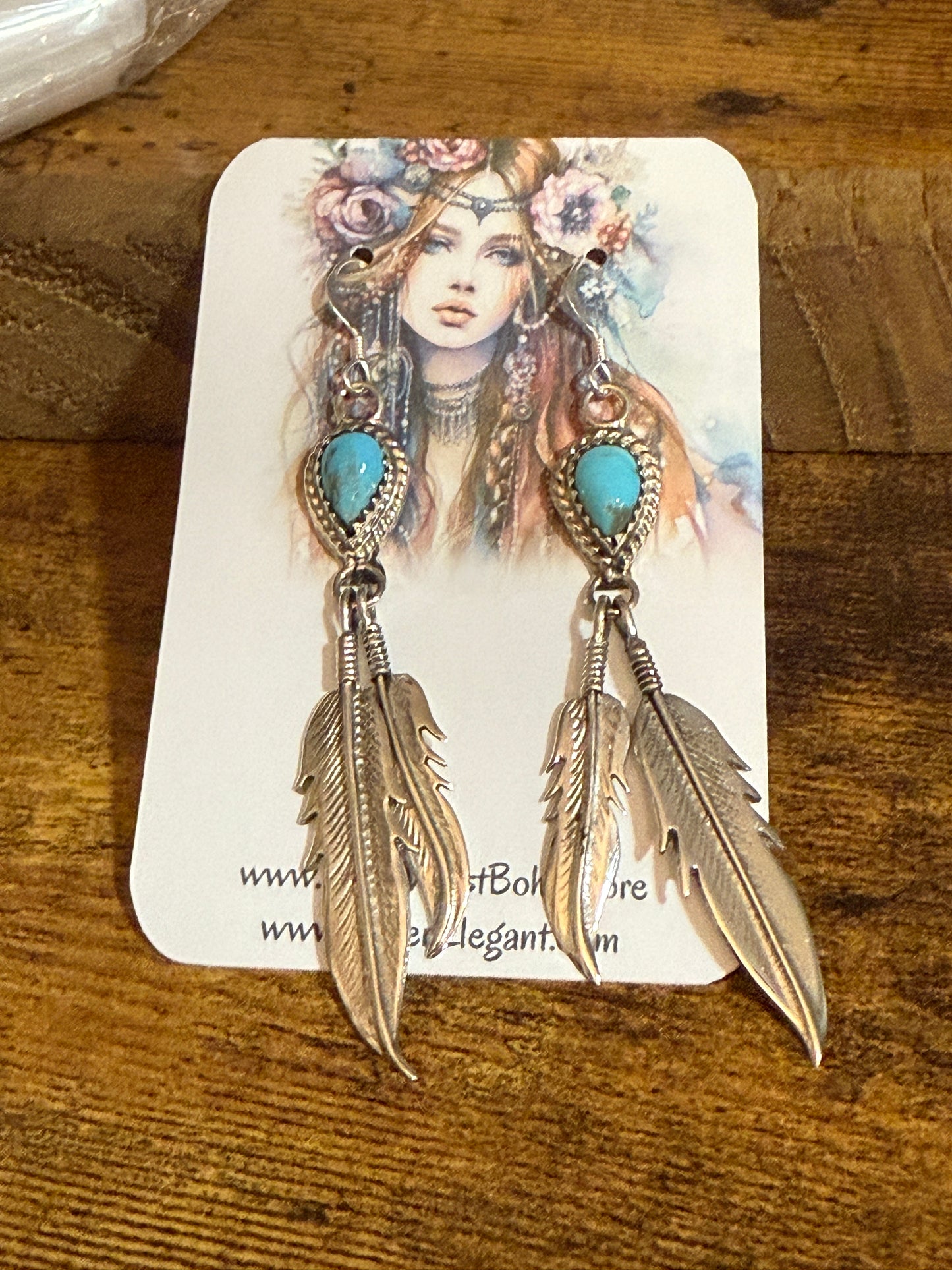 McCarthy Native American Turquoise Sterling Silver Feather Dangle Earrings