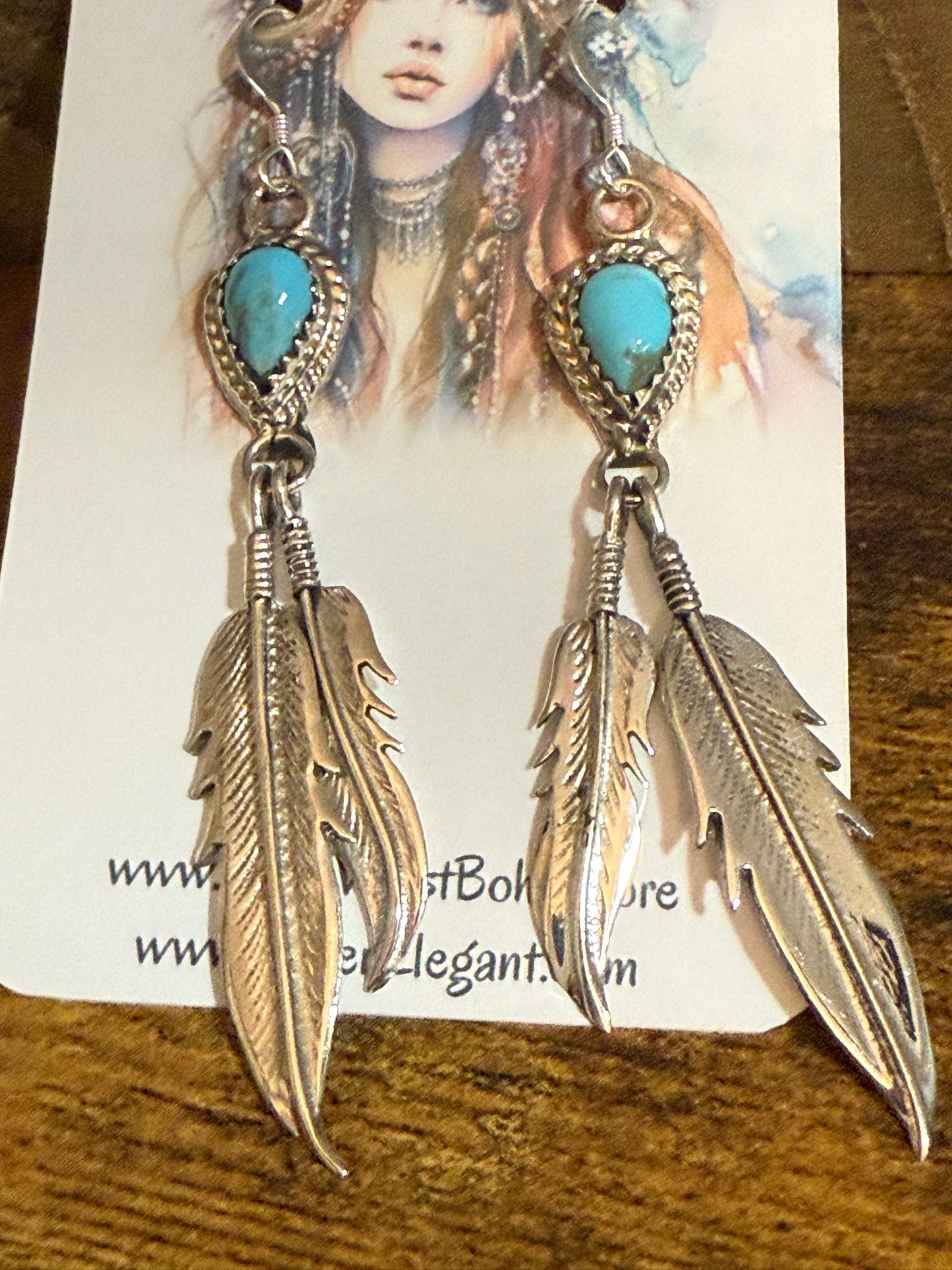 McCarthy Native American Turquoise Sterling Silver Feather Dangle Earrings
