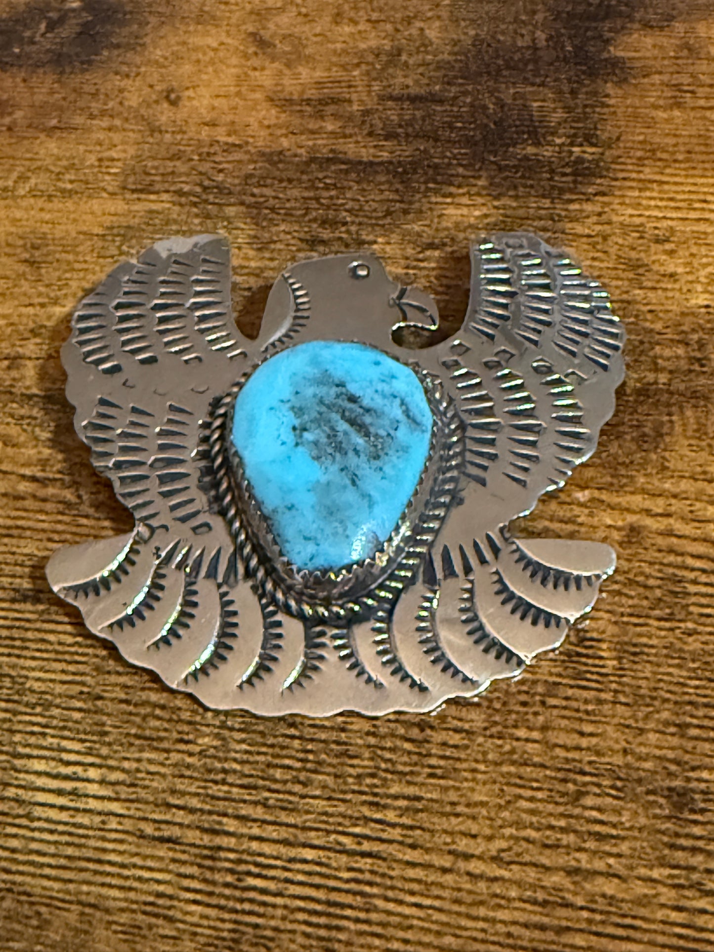 Navajo Turquoise Thunderbird Pendant Pin Nickel Silver Signed Cleveland