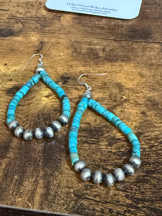 Native American Hand Beaded Turquoise Navajo Pearl Sterling Silver Dangle Earrings
