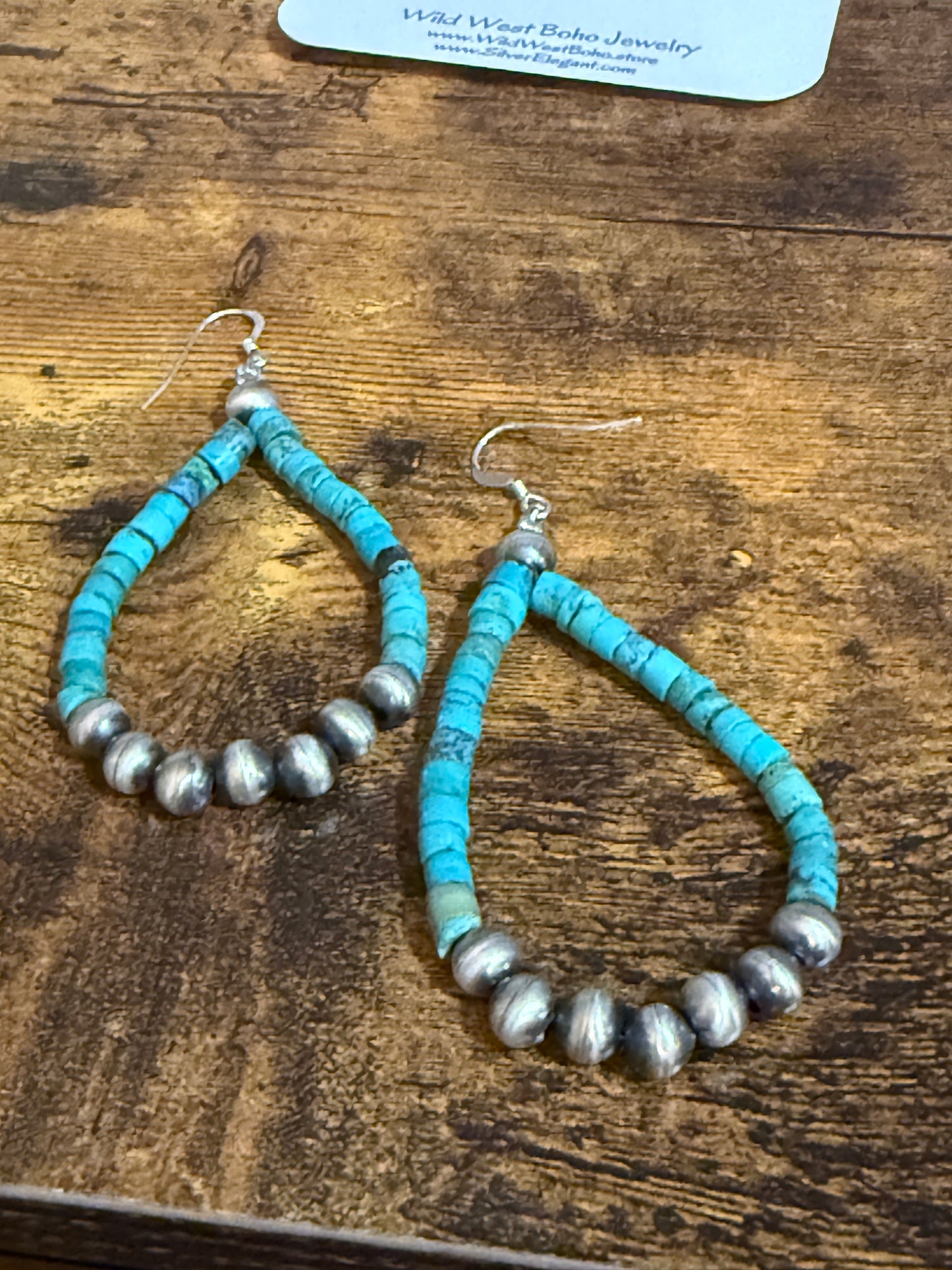 Native American Hand Beaded Turquoise Navajo Pearl Sterling Silver Dangle Earrings
