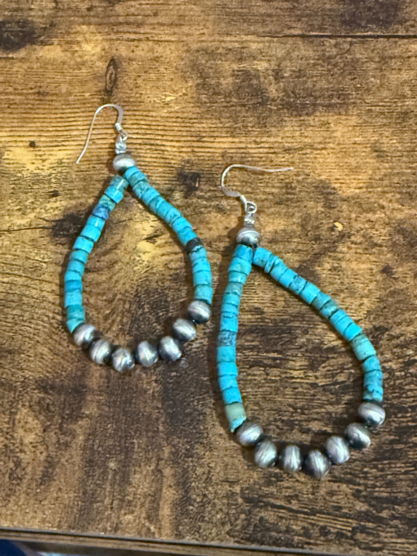 Native American Hand Beaded Turquoise Navajo Pearl Sterling Silver Dangle Earrings