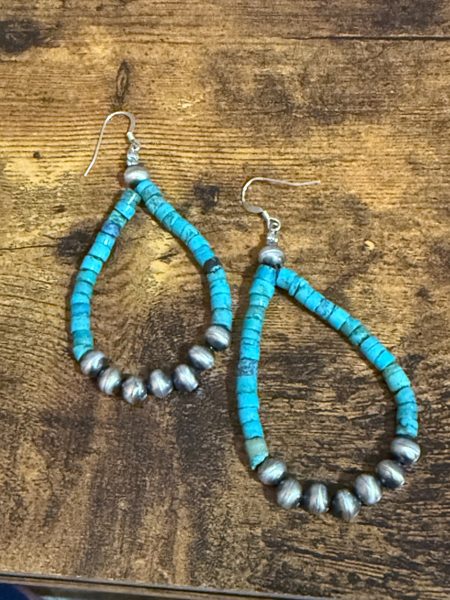 Native American Hand Beaded Turquoise Navajo Pearl Sterling Silver Dangle Earrings