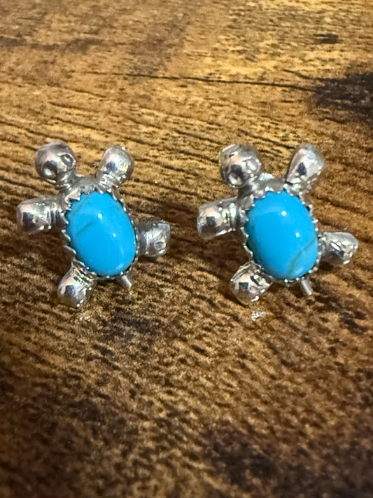 Native American Zuni Sterling Silver Turquoise Turtle Post Earrings Kinsel