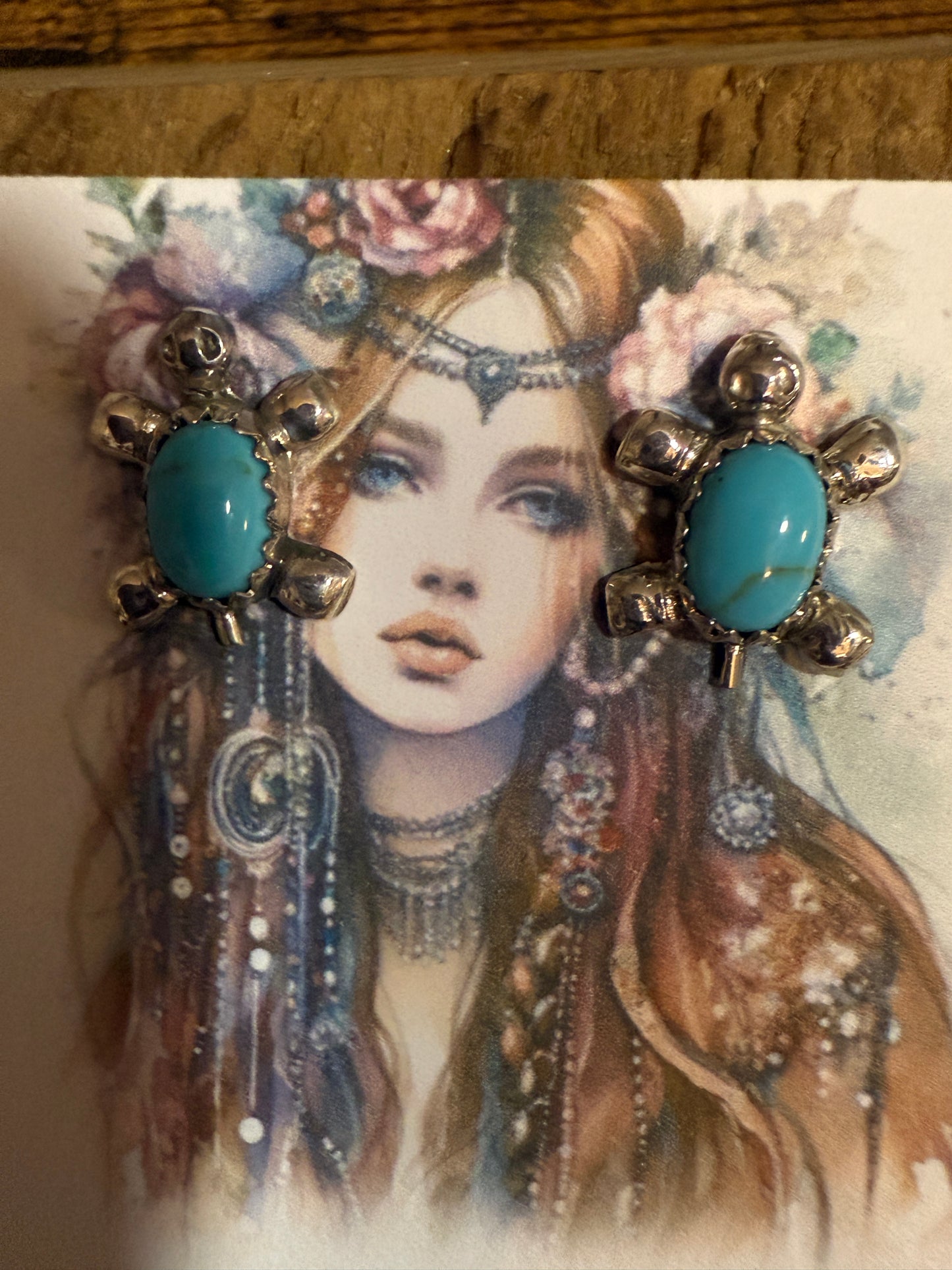 Native American Zuni Sterling Silver Turquoise Turtle Post Earrings Kinsel