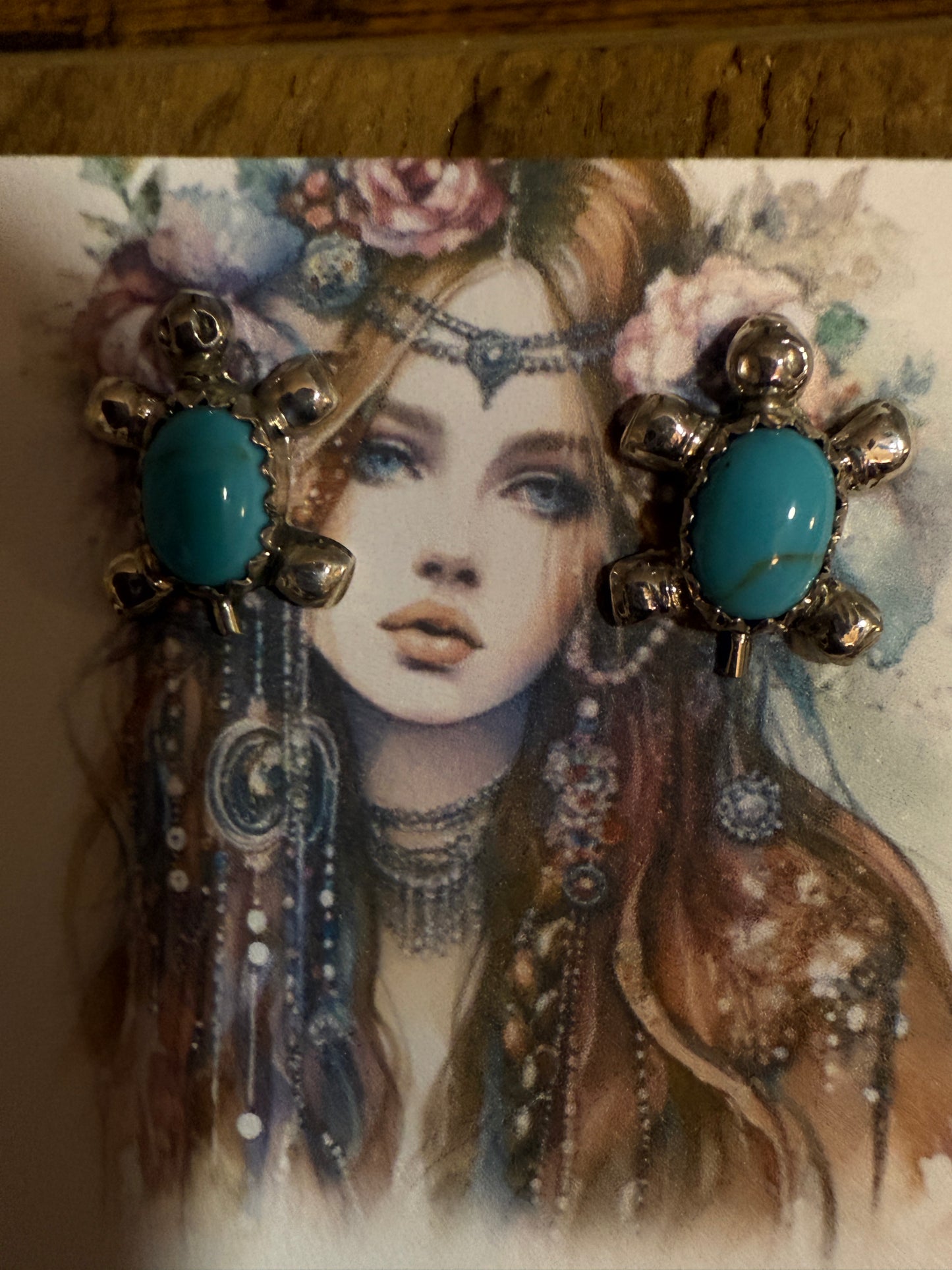 Native American Zuni Sterling Silver Turquoise Turtle Post Earrings Kinsel