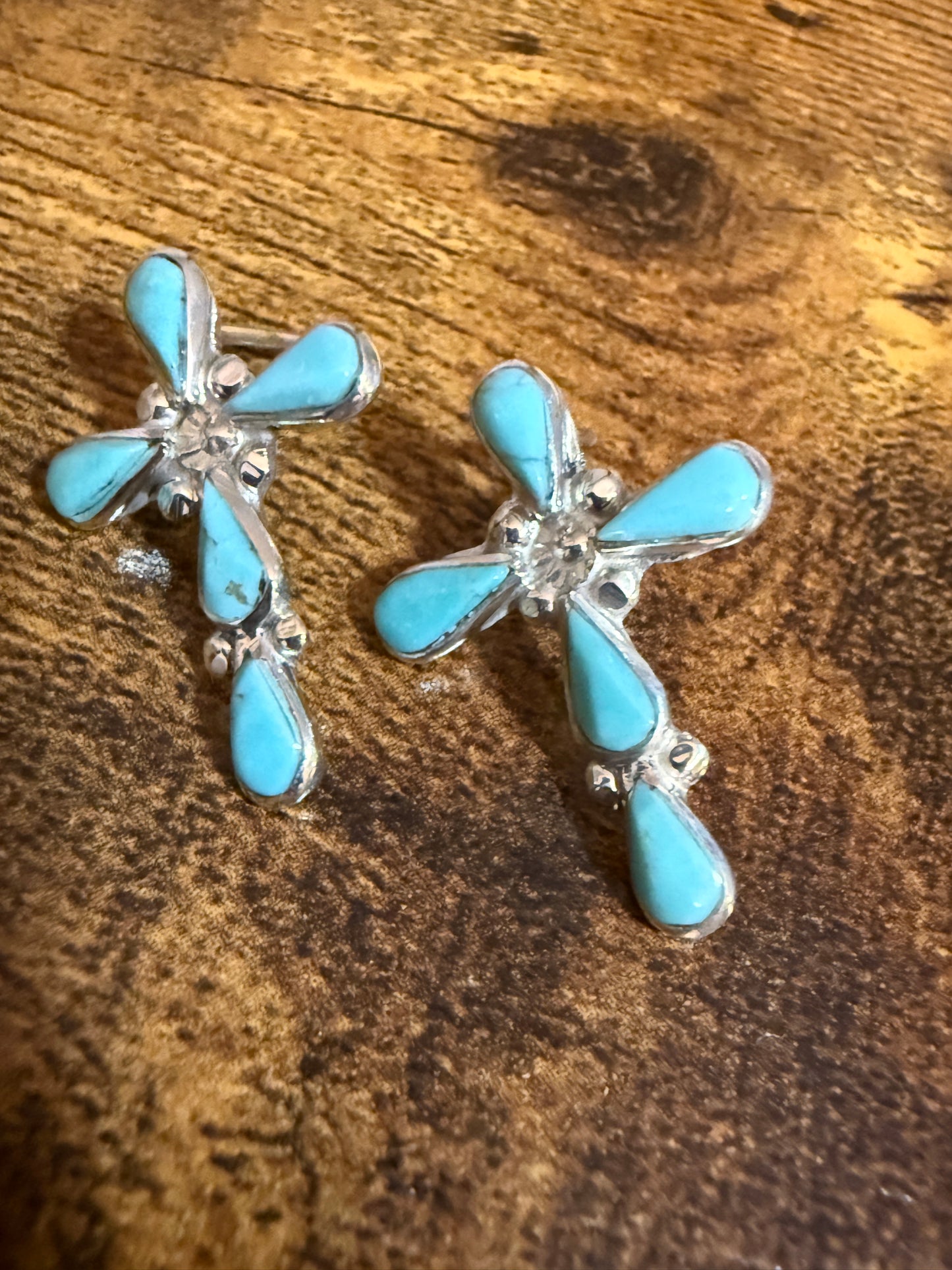 Native American Sterling Silver Turquoise Cross Post Earrings Five Stone Bezel