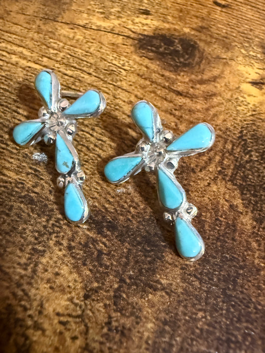 Native American Sterling Silver Turquoise Cross Post Earrings Five Stone Bezel