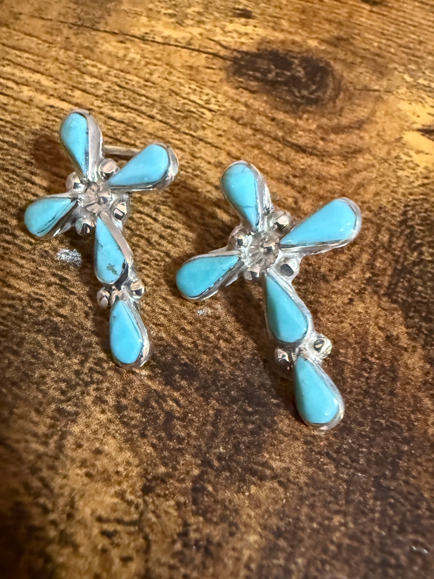 Native American Sterling Silver Turquoise Cross Post Earrings Five Stone Bezel