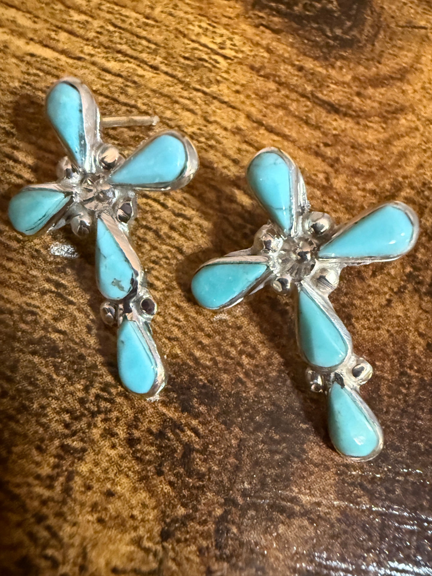 Native American Sterling Silver Turquoise Cross Post Earrings Five Stone Bezel