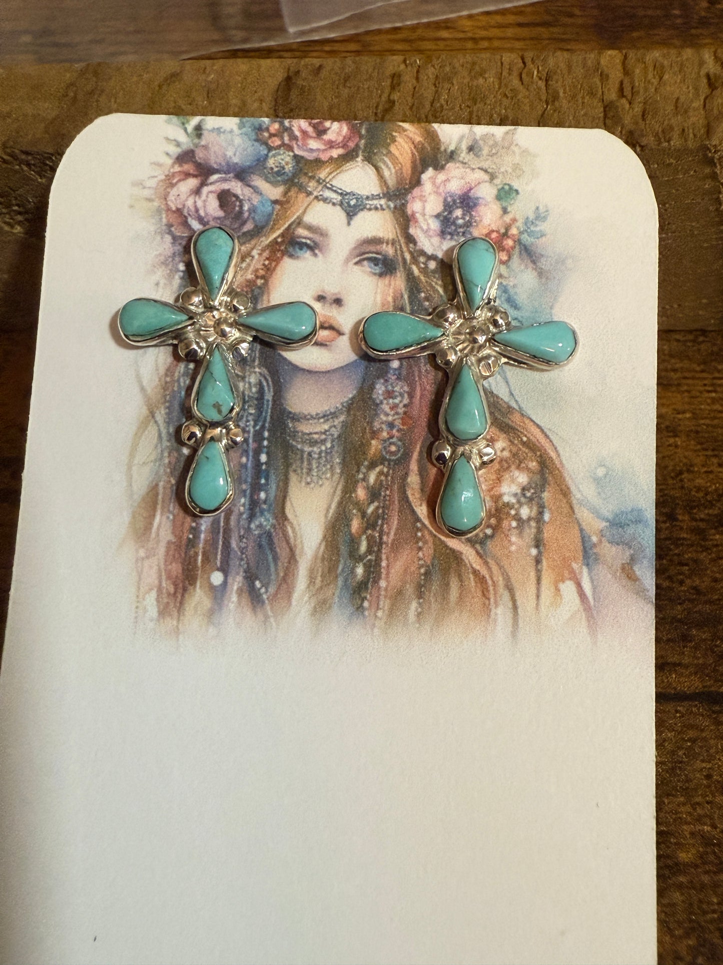 Native American Sterling Silver Turquoise Cross Post Earrings Five Stone Bezel