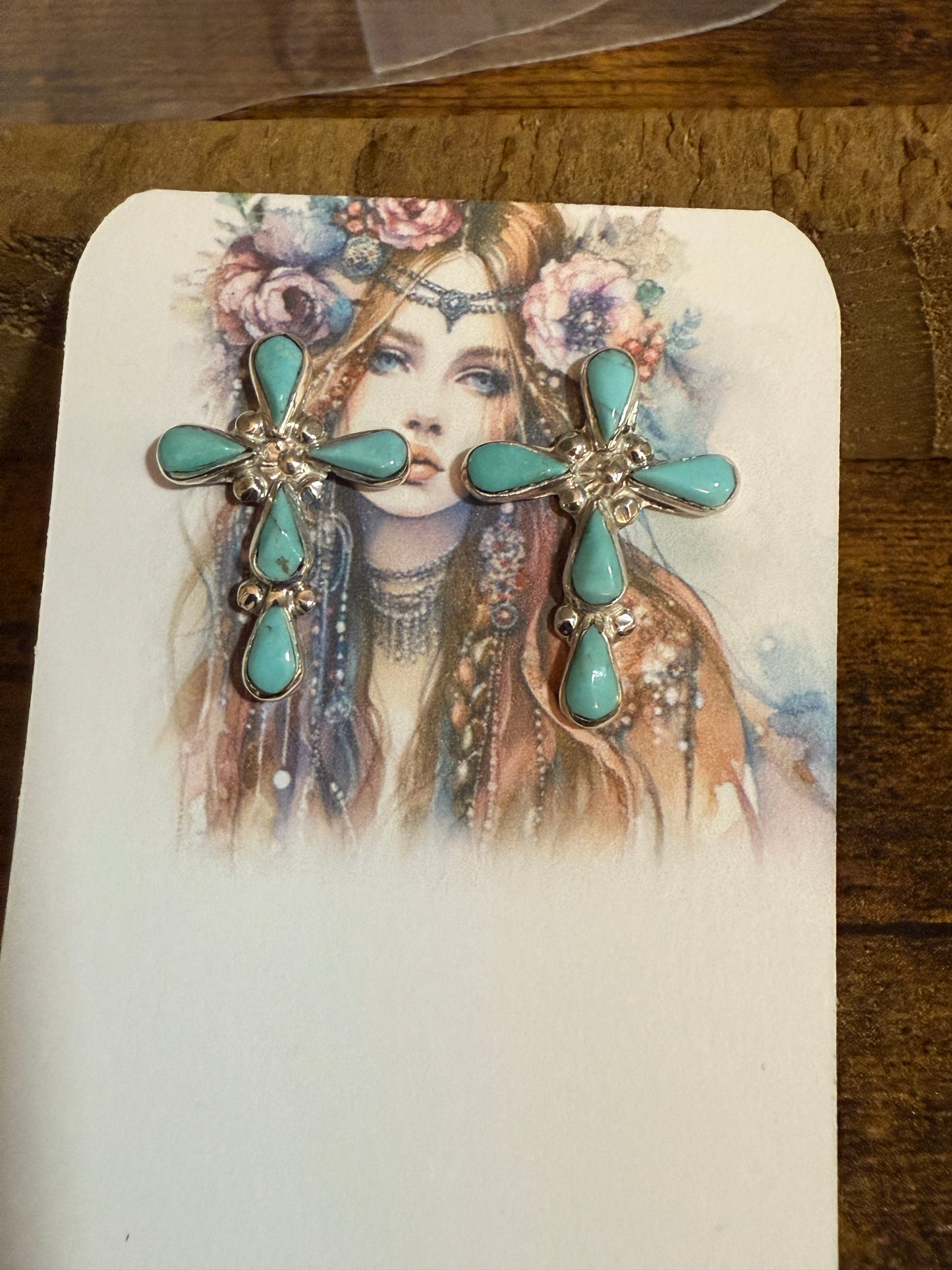 Native American Sterling Silver Turquoise Cross Post Earrings Five Stone Bezel