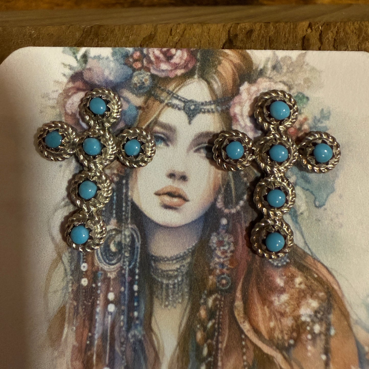 Zuni Turquoise Cross Stud Earrings Sterling Silver Nakatewa Signed