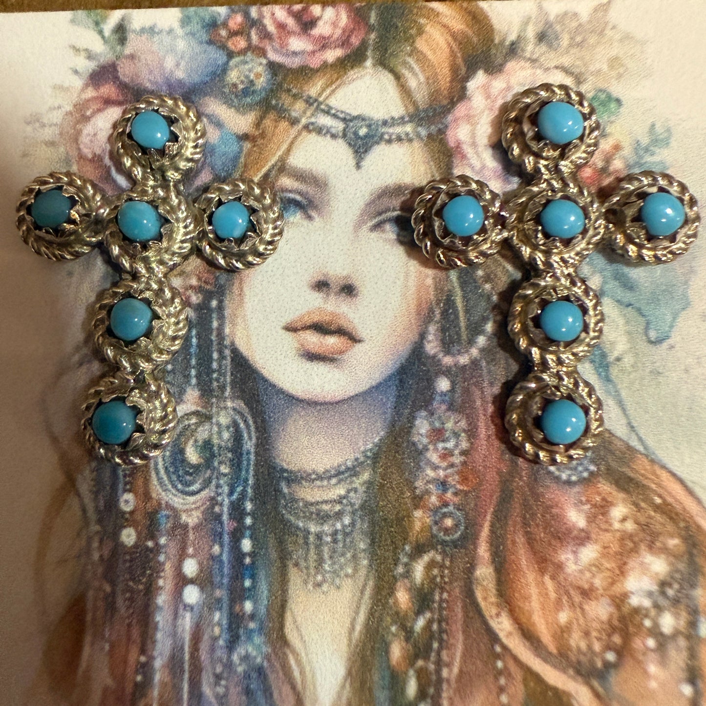 Zuni Turquoise Cross Stud Earrings Sterling Silver Nakatewa Signed