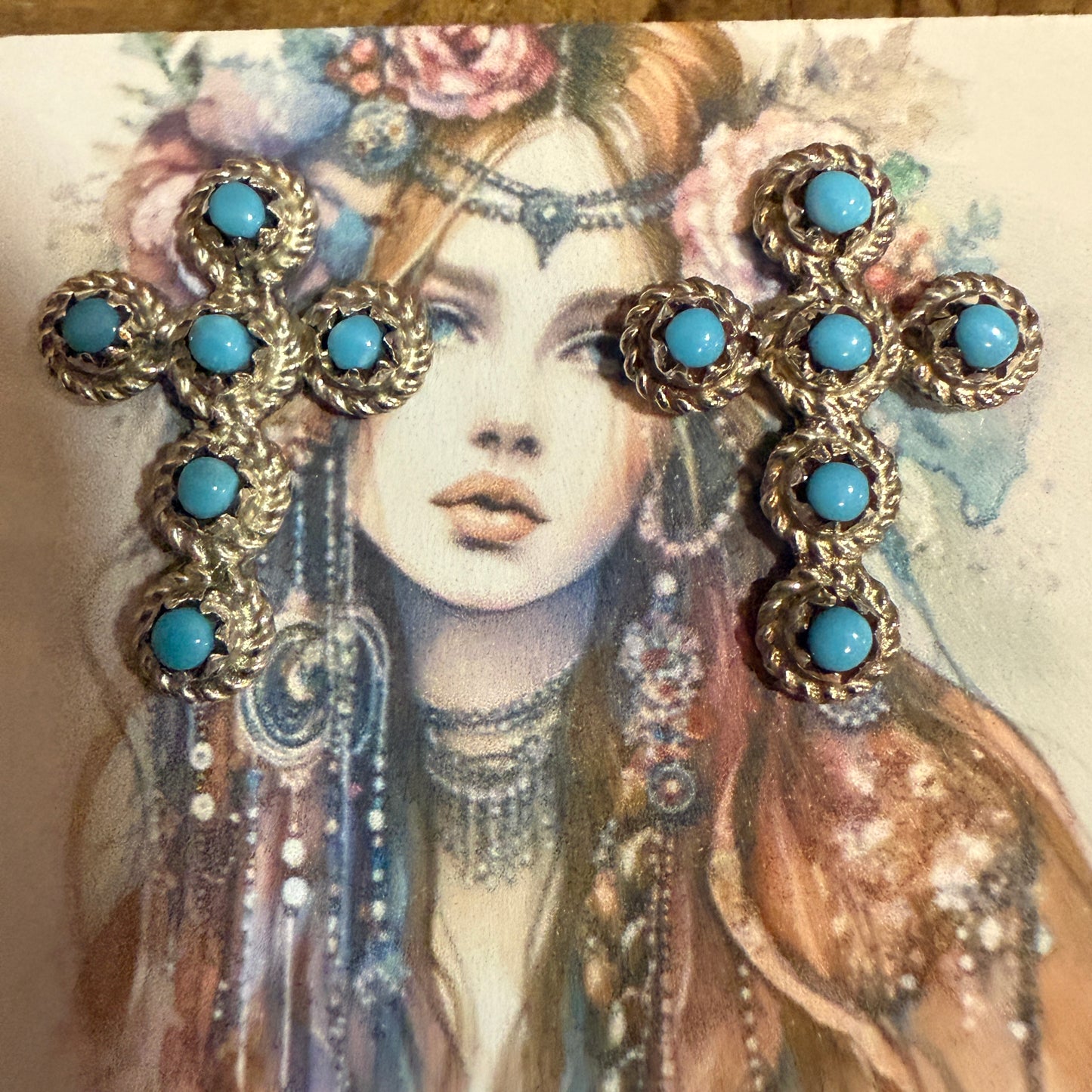 Zuni Turquoise Cross Stud Earrings Sterling Silver Nakatewa Signed