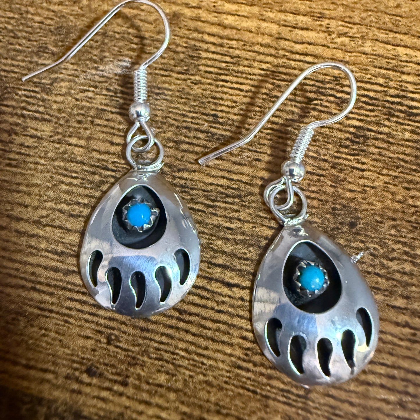 Navajo Sterling Silver Turquoise Bear Paw Dangle Earrings