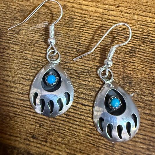 Navajo Sterling Silver Turquoise Bear Paw Dangle Earrings