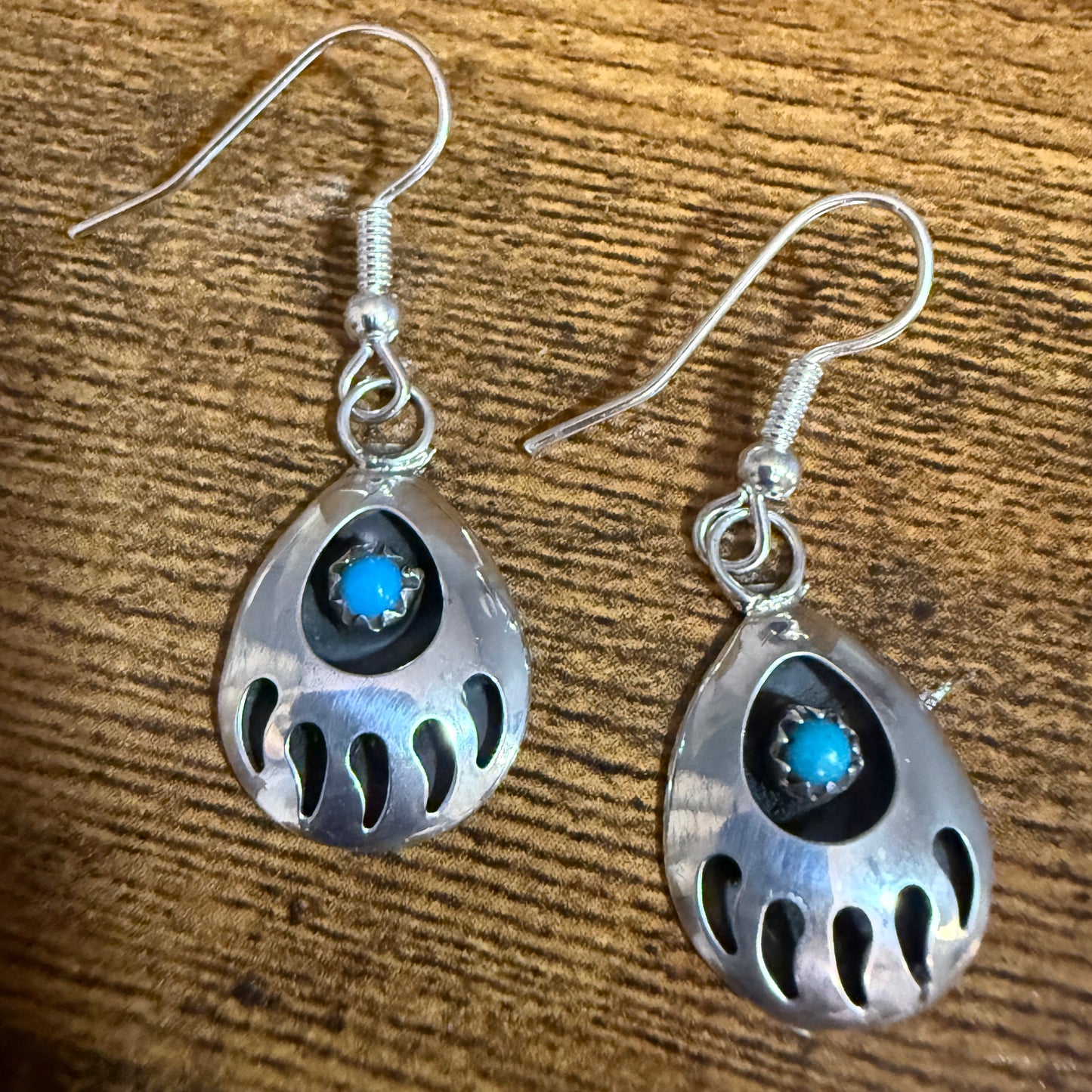 Navajo Sterling Silver Turquoise Bear Paw Dangle Earrings