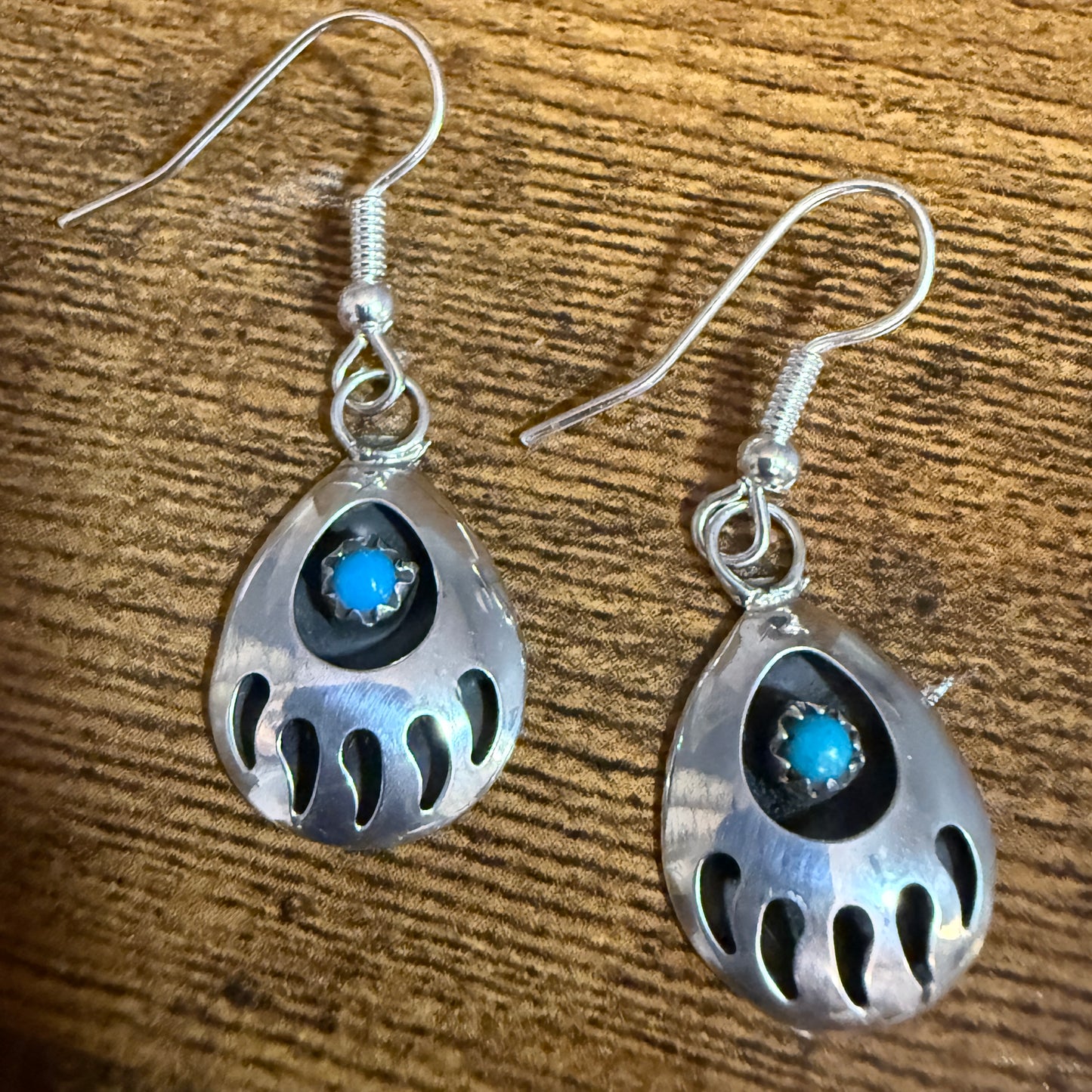Navajo Sterling Silver Turquoise Bear Paw Dangle Earrings