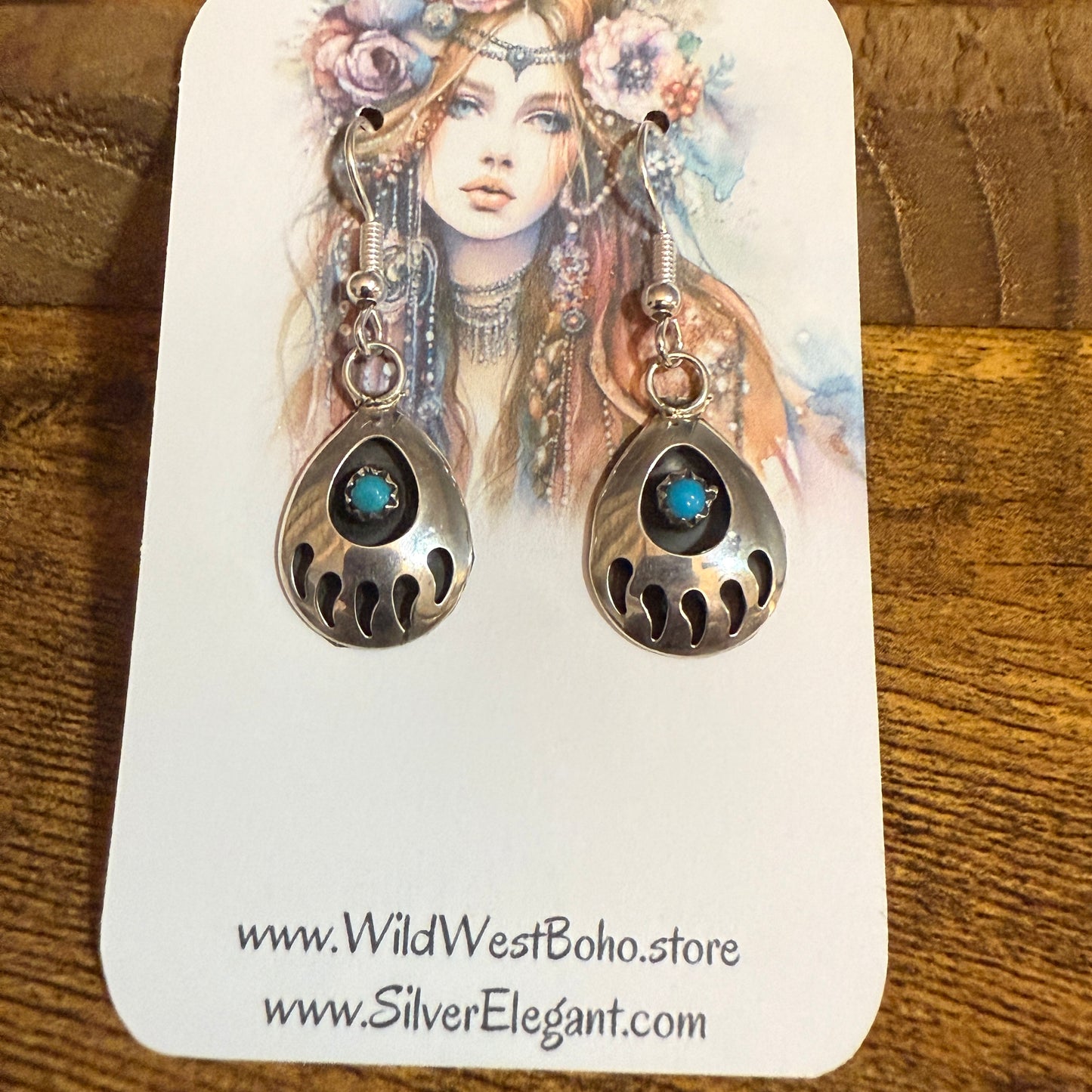 Navajo Sterling Silver Turquoise Bear Paw Dangle Earrings