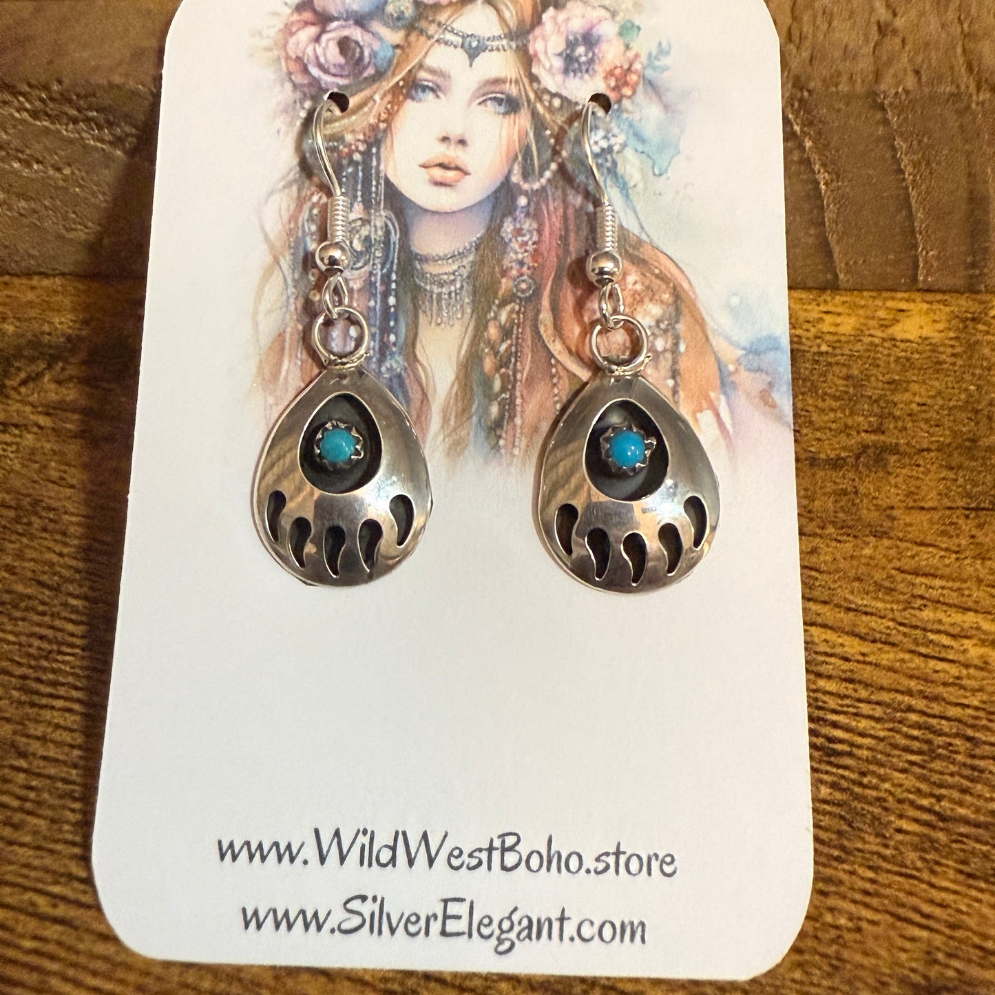 Navajo Sterling Silver Turquoise Bear Paw Dangle Earrings