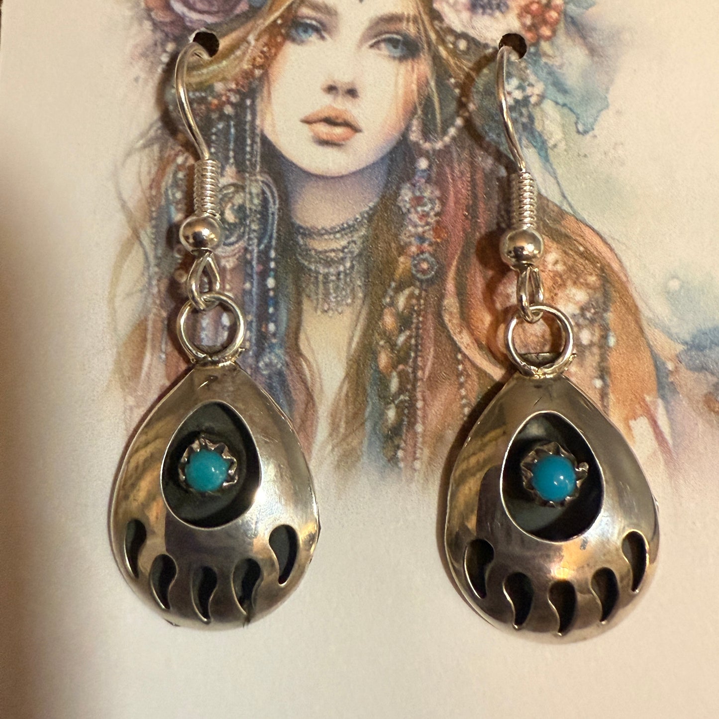 Navajo Sterling Silver Turquoise Bear Paw Dangle Earrings