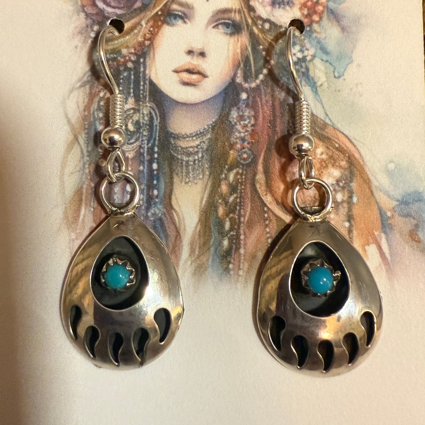 Navajo Sterling Silver Turquoise Bear Paw Dangle Earrings