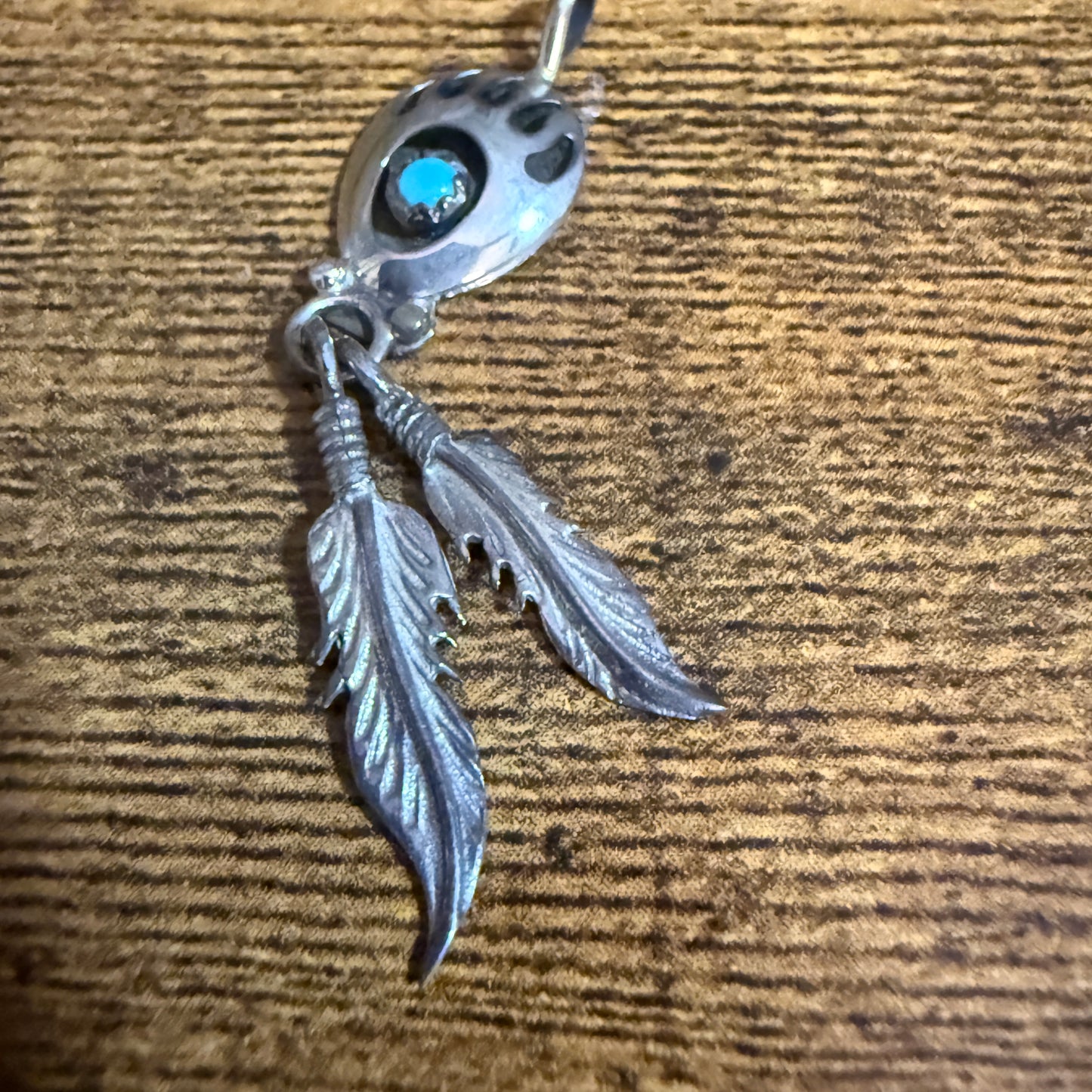 Navajo Turquoise Bear Paw Pendant in Sterling Silver Signed by Running Bear